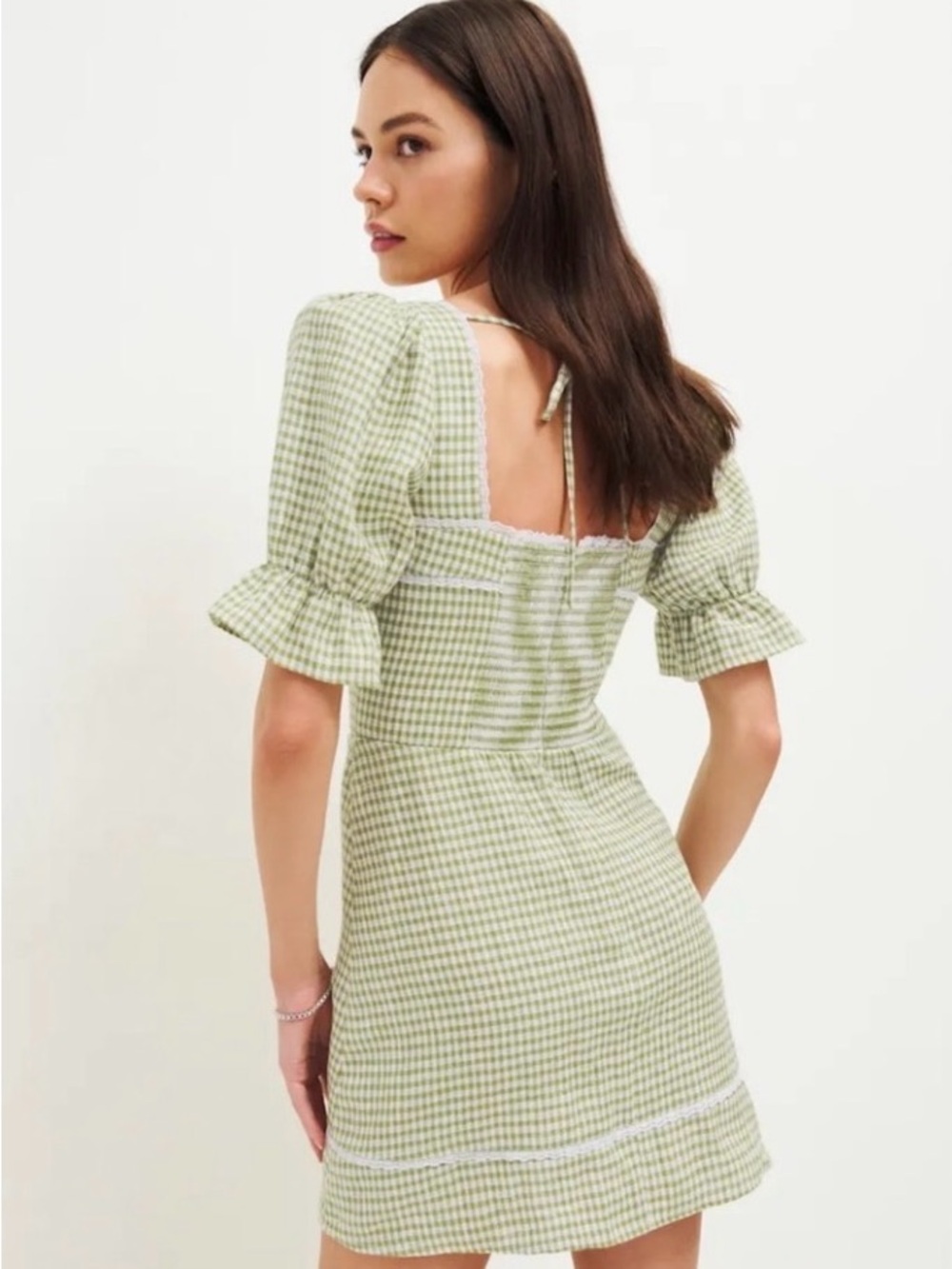 Reformation Light Green Gingham Puff-Sleeve Mini Dress #64